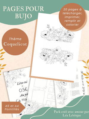 Pages illustrées pour Bullet Journal sur le thème des coquelicots