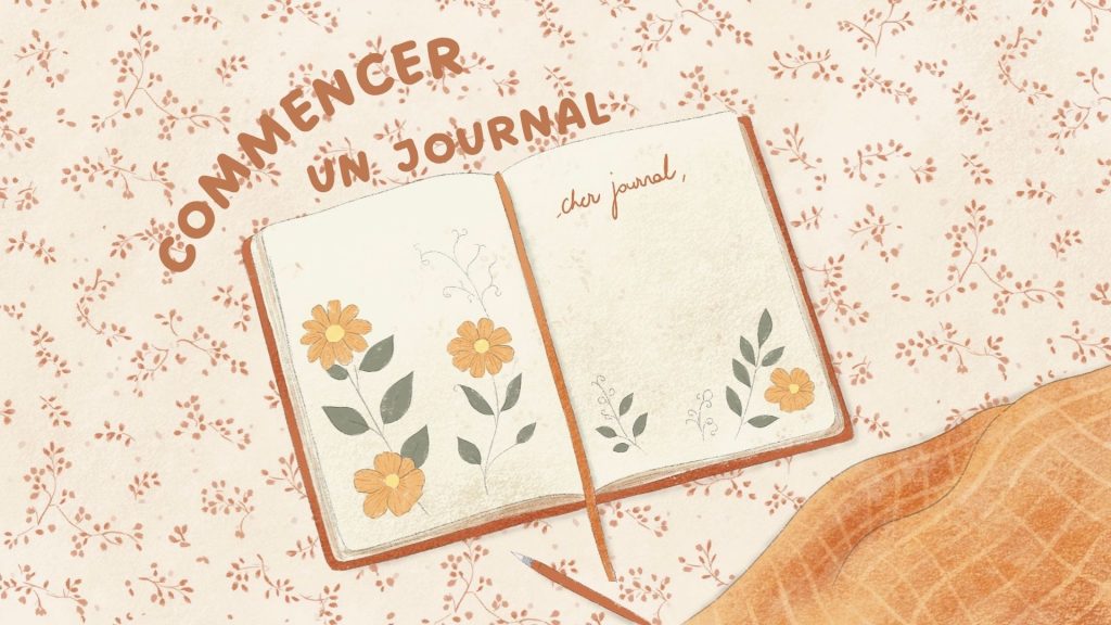 Illustration avec un carnet ouvert, un stylo posé à côté et l'aperçu d'un petit morceau de couverture. Le tout sur fond d'un motif floral